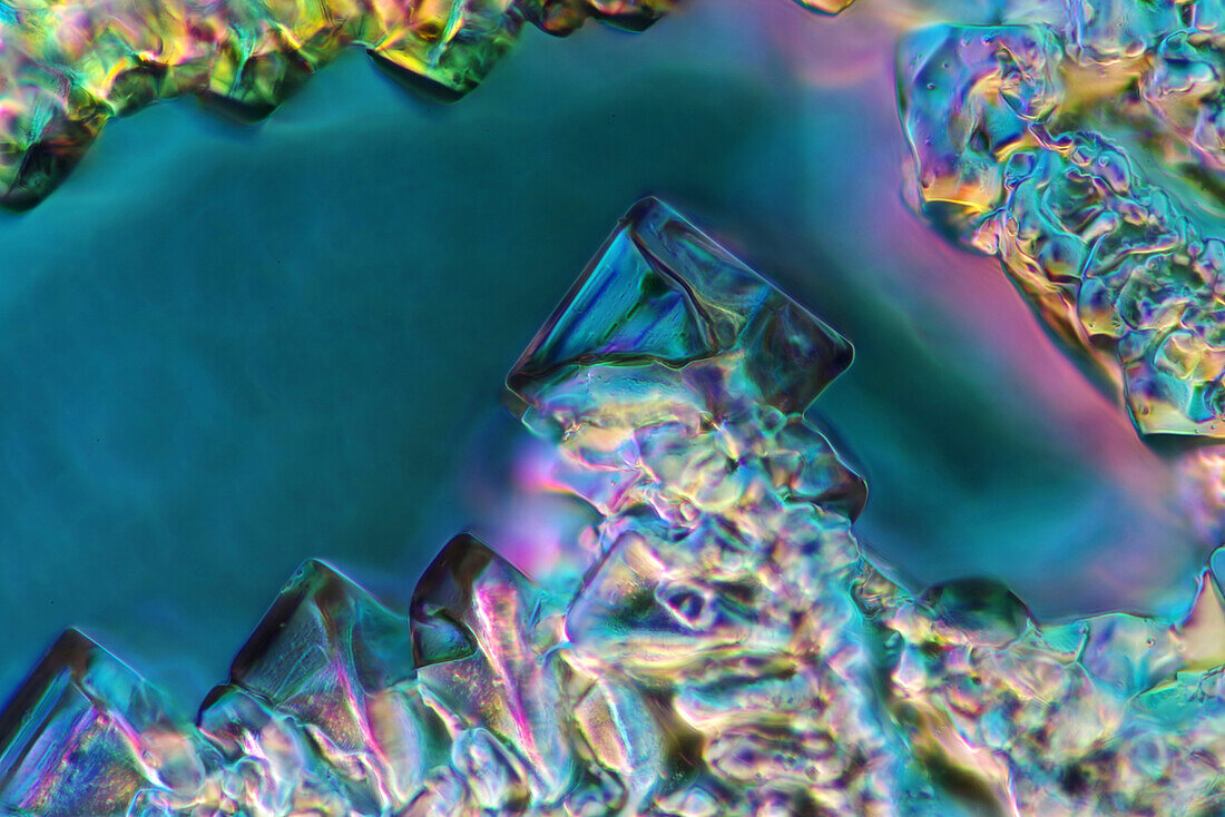 The image presents crystallized mixture of sugar and salt, photographed through the microscope in polarized light at a magnification of 100X\n
