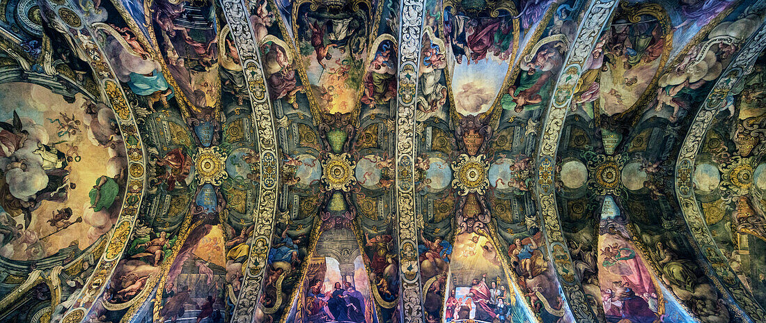 Spain, Valencia, Low angle view of frescos on ceiling in Co-cathedral of Saint Nicholas of Bari\n