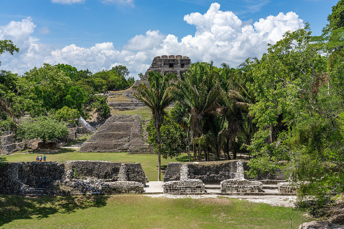 Structure A-13 in Plaza A-2 in the foreground with El Castillo behind in the Xunantunich Archeological Reserve in Belize.\n