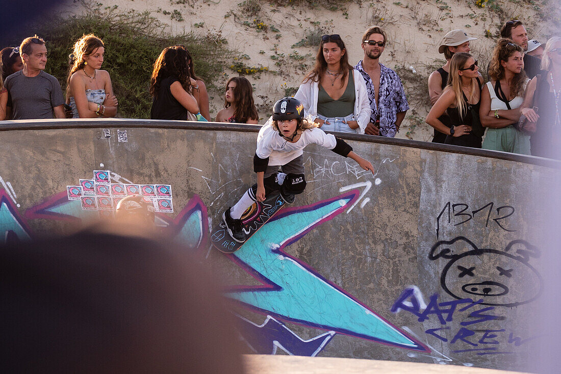 Skate event at Seignosse le Penon skatepark during Quiksilver Festival celebrated in Capbreton, Hossegor and Seignosse, with 20 of the best surfers in the world hand-picked by Jeremy Flores to compete in south west of France.\n