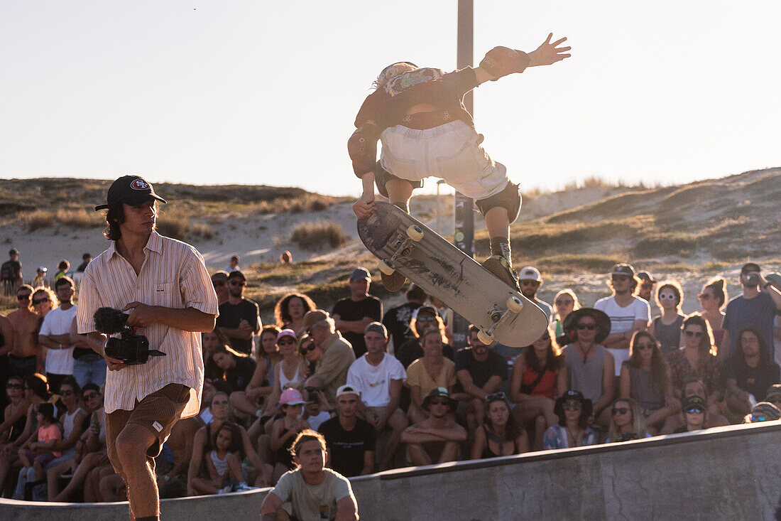 Skate event at Seignosse le Penon skatepark during Quiksilver Festival celebrated in Capbreton, Hossegor and Seignosse, with 20 of the best surfers in the world hand-picked by Jeremy Flores to compete in south west of France.\n