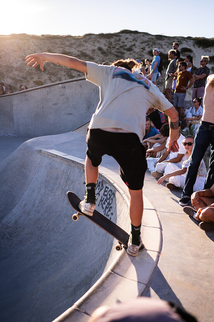 Skate event at Seignosse le Penon skatepark during Quiksilver Festival celebrated in Capbreton, Hossegor and Seignosse, with 20 of the best surfers in the world hand-picked by Jeremy Flores to compete in south west of France.\n