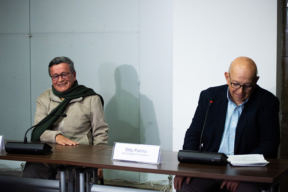 The chief negotiator of the National Liberation Army (ELN) guerrilla group, Israel Ramirez Pineda, also known as Pablo Beltran (L) and the Colombian government chief negotiator Otty Patino during a joint declaration on the progress of the peace process between the Colombian government and the National Liberation Army, at the United Nations building in Bogota, Colombia, October 10, 2023.\n