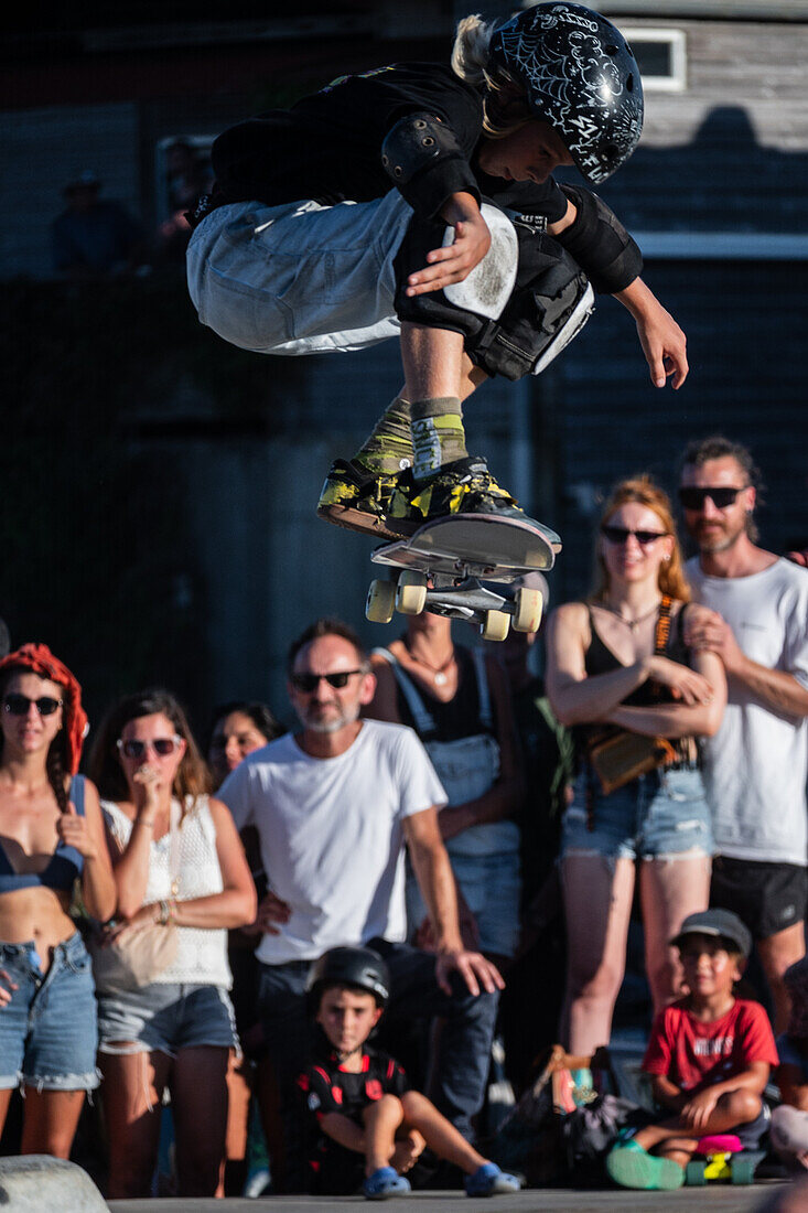 Skate event at Seignosse le Penon skatepark during Quiksilver Festival celebrated in Capbreton, Hossegor and Seignosse, with 20 of the best surfers in the world hand-picked by Jeremy Flores to compete in south west of France.\n