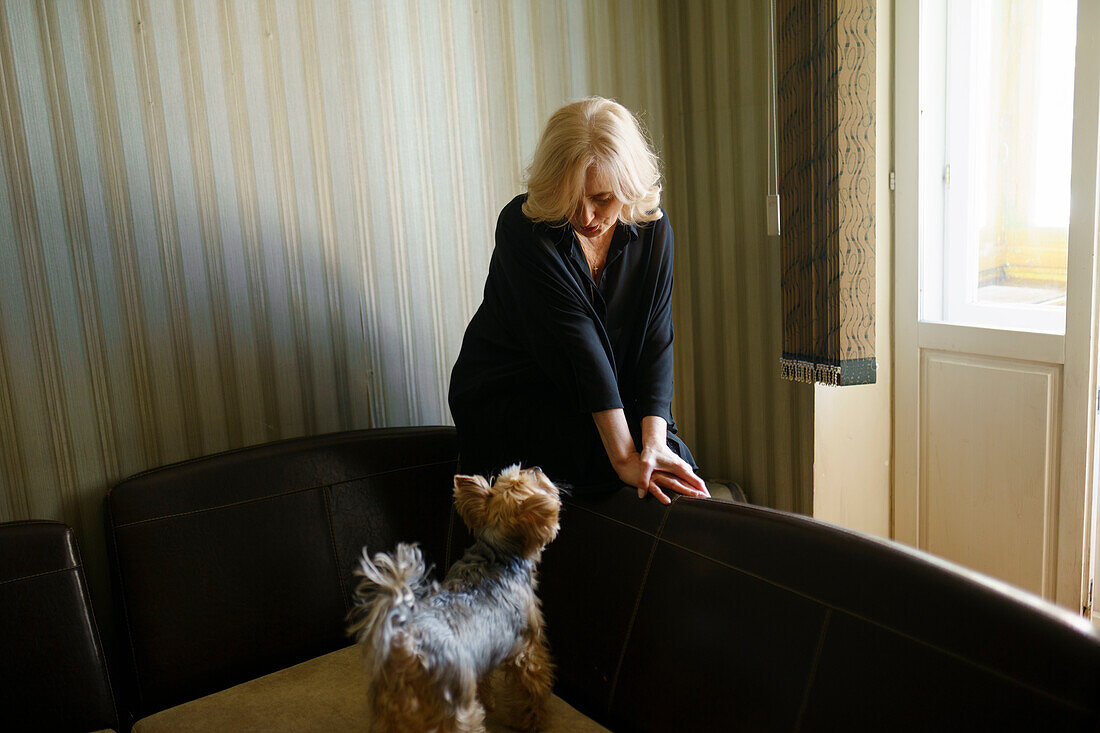 Frau schaut auf Yorkshire Terrier, der auf dem Sofa im Wohnzimmer steht