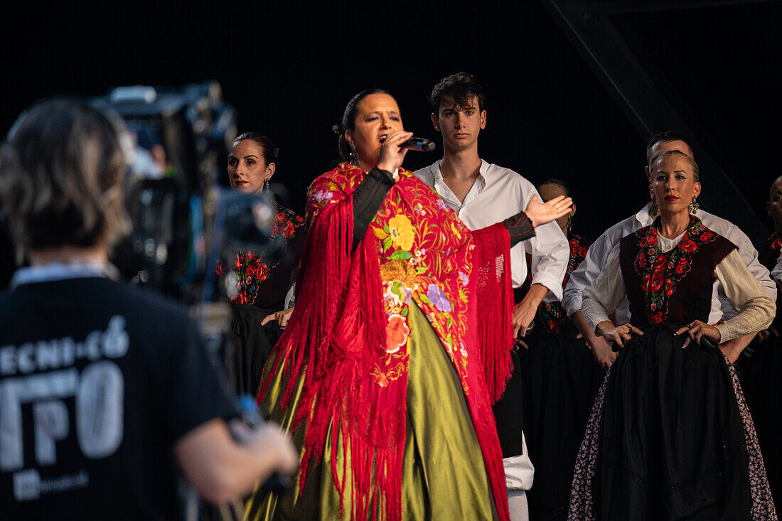 Baluarte Aragones and Raices de Aragon, Aragonese traditional Jota groups, perform in Plaza del Pilar during the El Pilar festivities in Zaragoza, Spain\n