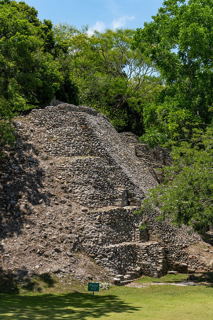 Structure A-2, a pyramid in the corner of Plaza A-2 in the Mayan ruins in the Xunantunich Archeological Reserve in Belize.\n