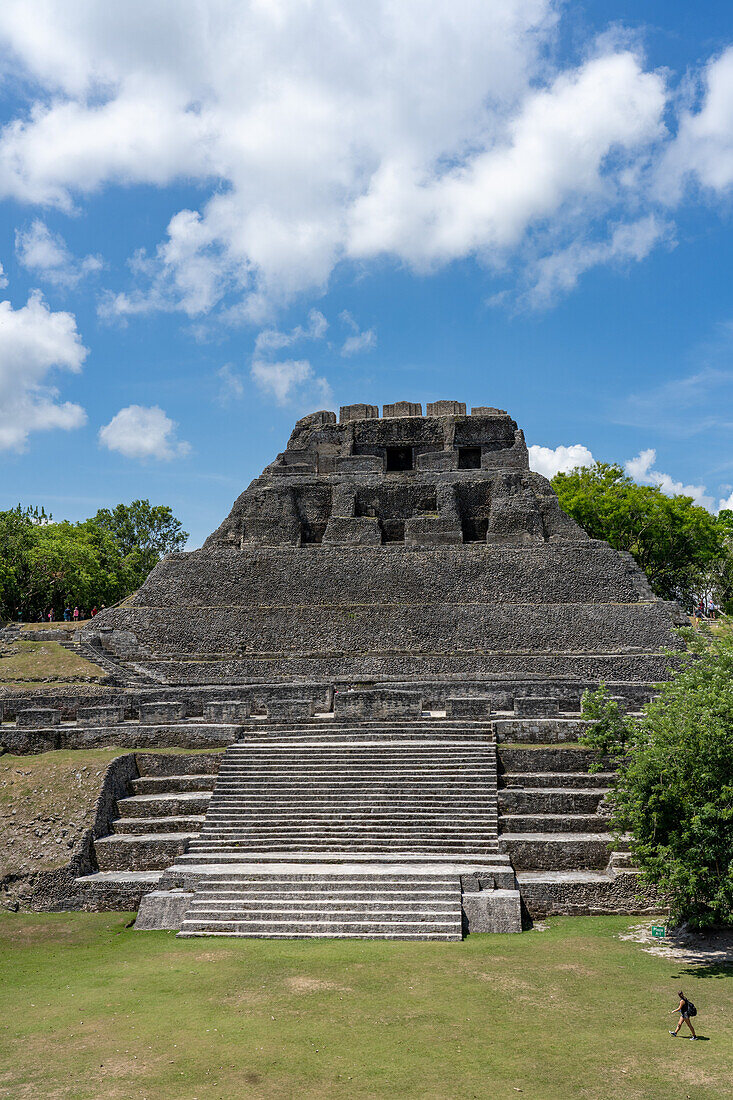 El Castillo, Structure 6, with the stairway of Structure 32 in front in the Xunantunich Archeological Reserve in Belize.\n