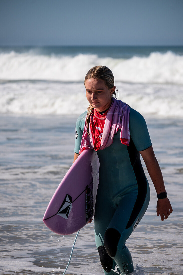 Sierra Kerr, Australian young surfer and daughter of Josh Kerr, performs during Quiksilver Festival celebrated in Capbreton, Hossegor and Seignosse, with 20 of the best surfers in the world hand-picked by Jeremy Flores to compete in south west of France.\n