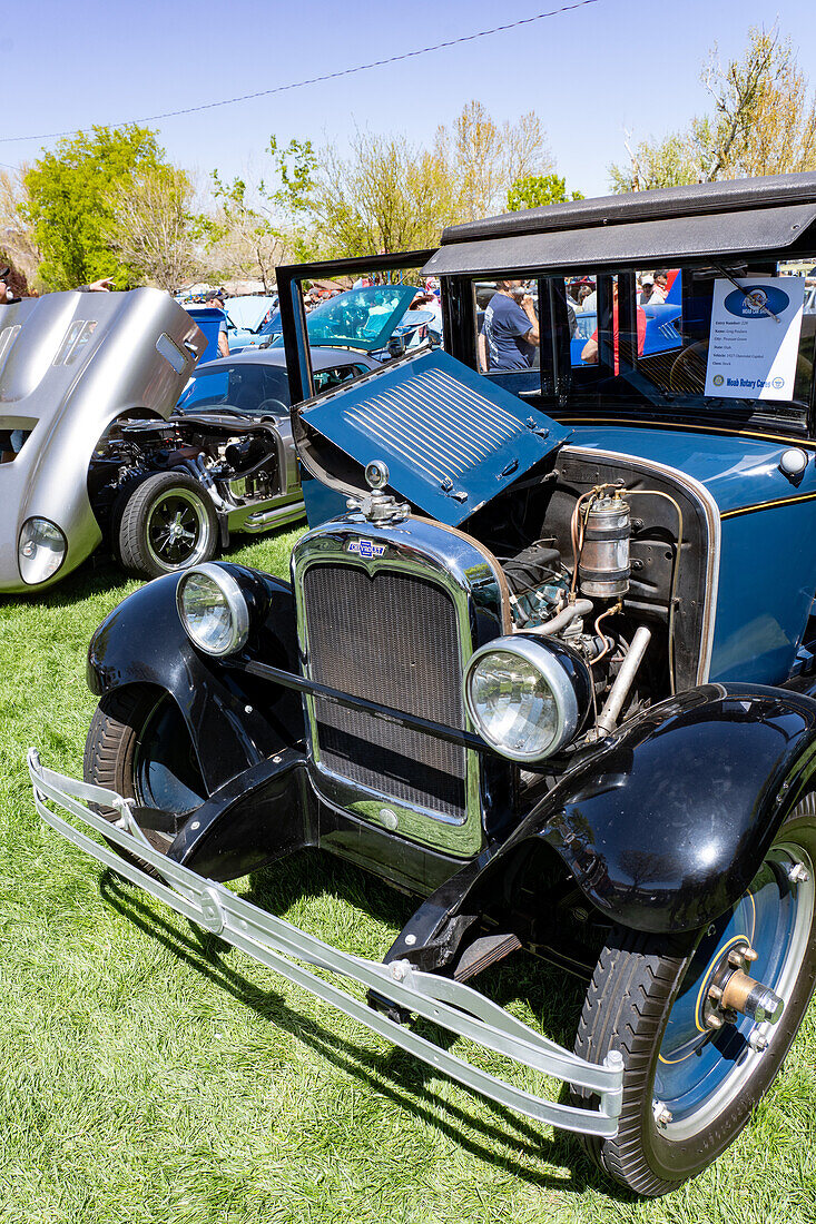 Detail of a restored vintage 1927 Chevrolet Series AA Capitol sedan in a car show in Moab, Utah.\n