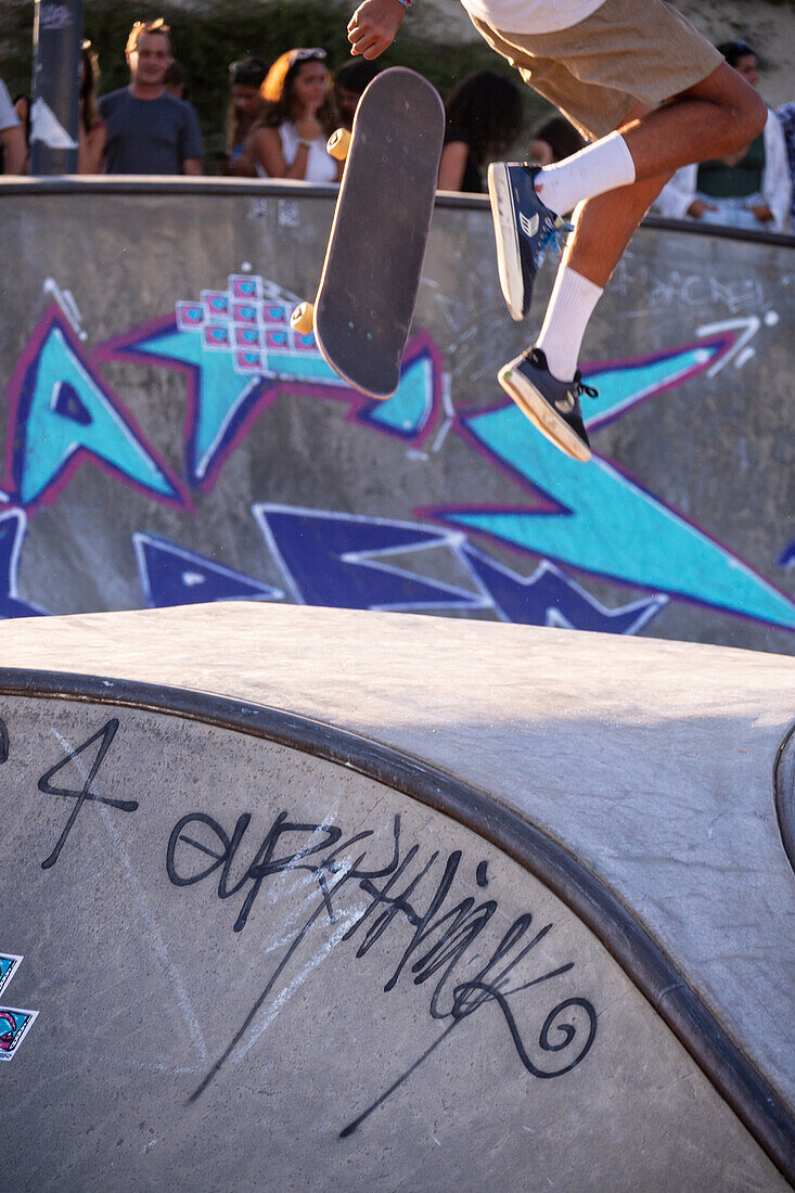 Skate event at Seignosse le Penon skatepark during Quiksilver Festival celebrated in Capbreton, Hossegor and Seignosse, with 20 of the best surfers in the world hand-picked by Jeremy Flores to compete in south west of France.\n