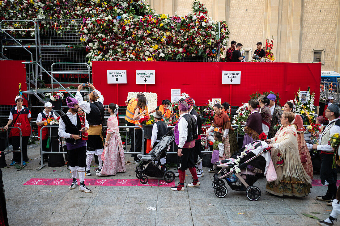 The Offering of Flowers to the Virgen del Pilar is the most important and popular event of the Fiestas del Pilar held on Hispanic Day, Zaragoza, Spain\n