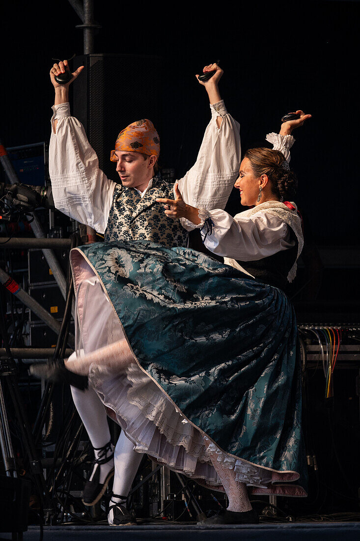 Baluarte Aragones and Raices de Aragon, Aragonese traditional Jota groups, perform in Plaza del Pilar during the El Pilar festivities in Zaragoza, Spain\n