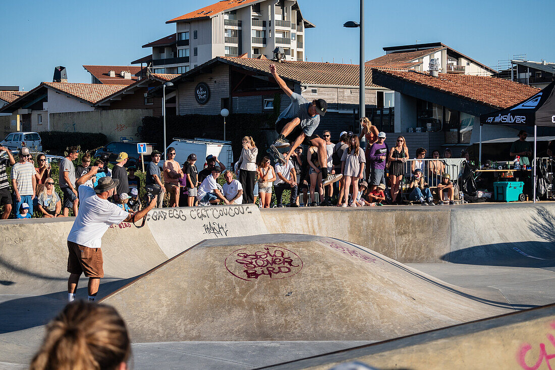 Skate event at Seignosse le Penon skatepark during Quiksilver Festival celebrated in Capbreton, Hossegor and Seignosse, with 20 of the best surfers in the world hand-picked by Jeremy Flores to compete in south west of France.\n