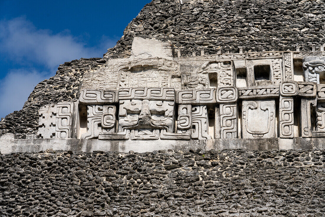 The east frieze on El Castillo or Structure A-6 in the Mayan ruins of the Xunantunich Archeological Reserve in Belize.\n