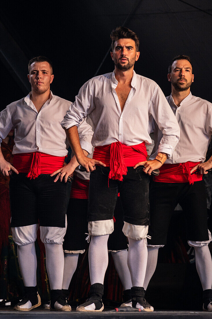 Baluarte Aragones and Raices de Aragon, Aragonese traditional Jota groups, perform in Plaza del Pilar during the El Pilar festivities in Zaragoza, Spain\n