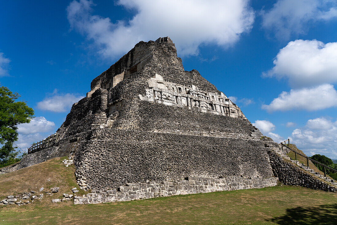 The east frieze on El Castillo or Structure A-6 in the Mayan ruins of the Xunantunich Archeological Reserve in Belize.\n