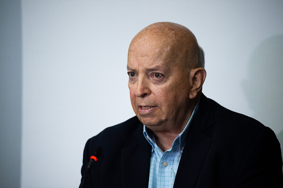 The Colombian government chief Negotiator Otty Patino during a joint declaration on the progress of the peace process between the Colombian government and the National Liberation Army, at the United Nations building in Bogota, Colombia, October 10, 2023.\n