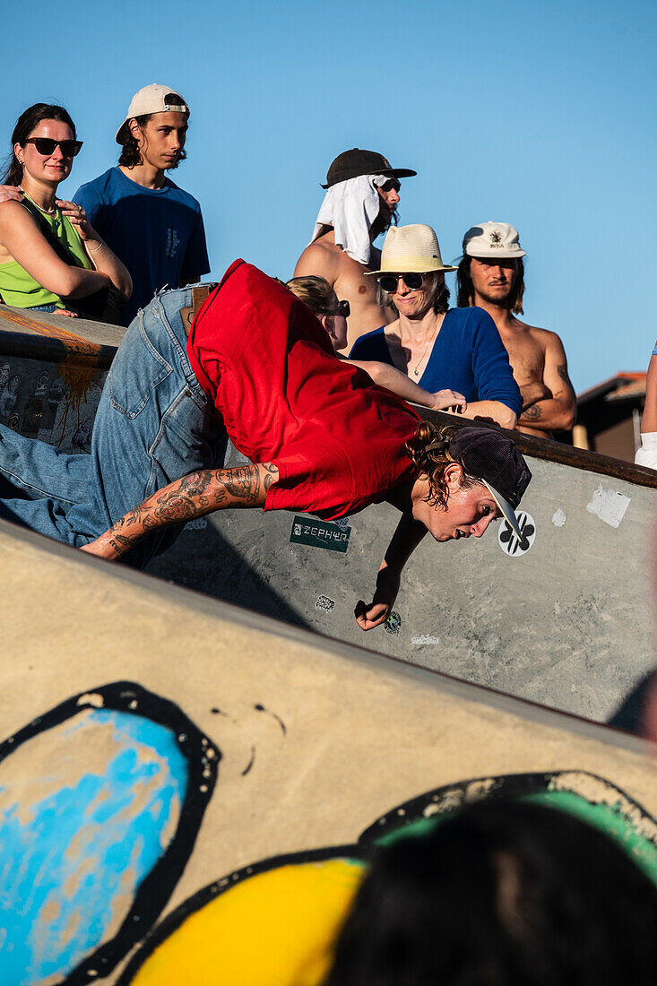 Skate event at Seignosse le Penon skatepark during Quiksilver Festival celebrated in Capbreton, Hossegor and Seignosse, with 20 of the best surfers in the world hand-picked by Jeremy Flores to compete in south west of France.\n