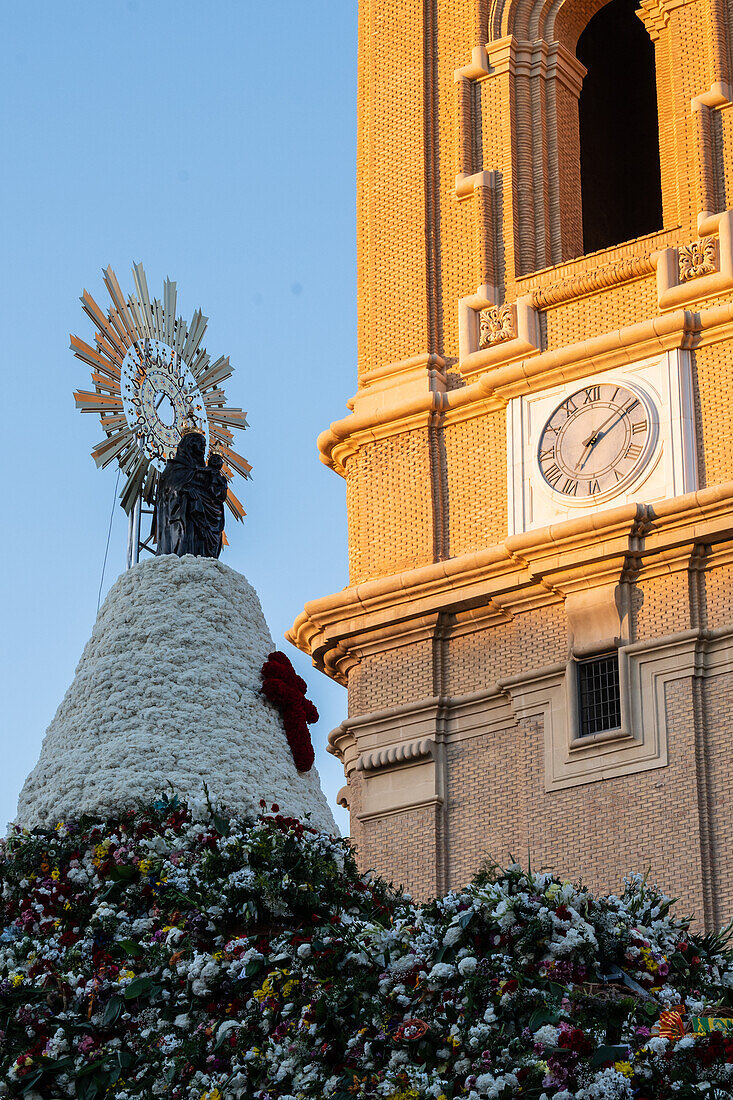 The Offering of Flowers to the Virgen del Pilar is the most important and popular event of the Fiestas del Pilar held on Hispanic Day, Zaragoza, Spain\n