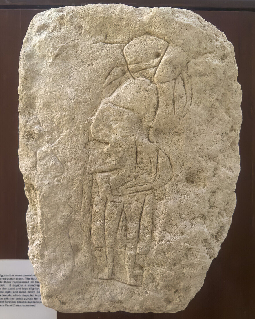 Miniature Panel 3, carved on a limestone construction block, in the museum in the Xunantunich Archeological Reserve in Belize.\n