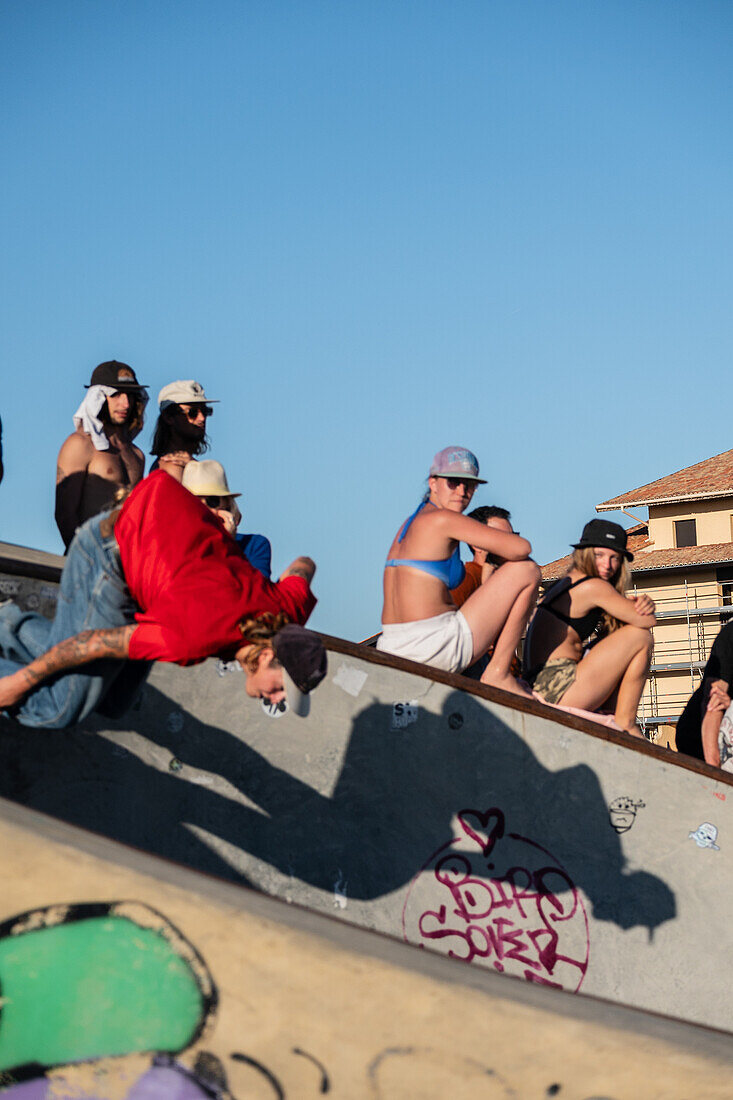 Skate event at Seignosse le Penon skatepark during Quiksilver Festival celebrated in Capbreton, Hossegor and Seignosse, with 20 of the best surfers in the world hand-picked by Jeremy Flores to compete in south west of France.\n