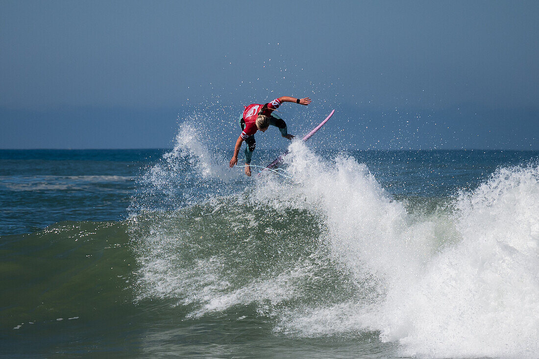 Sierra Kerr, Australian young surfer and daughter of Josh Kerr, performs during Quiksilver Festival celebrated in Capbreton, Hossegor and Seignosse, with 20 of the best surfers in the world hand-picked by Jeremy Flores to compete in south west of France.\n