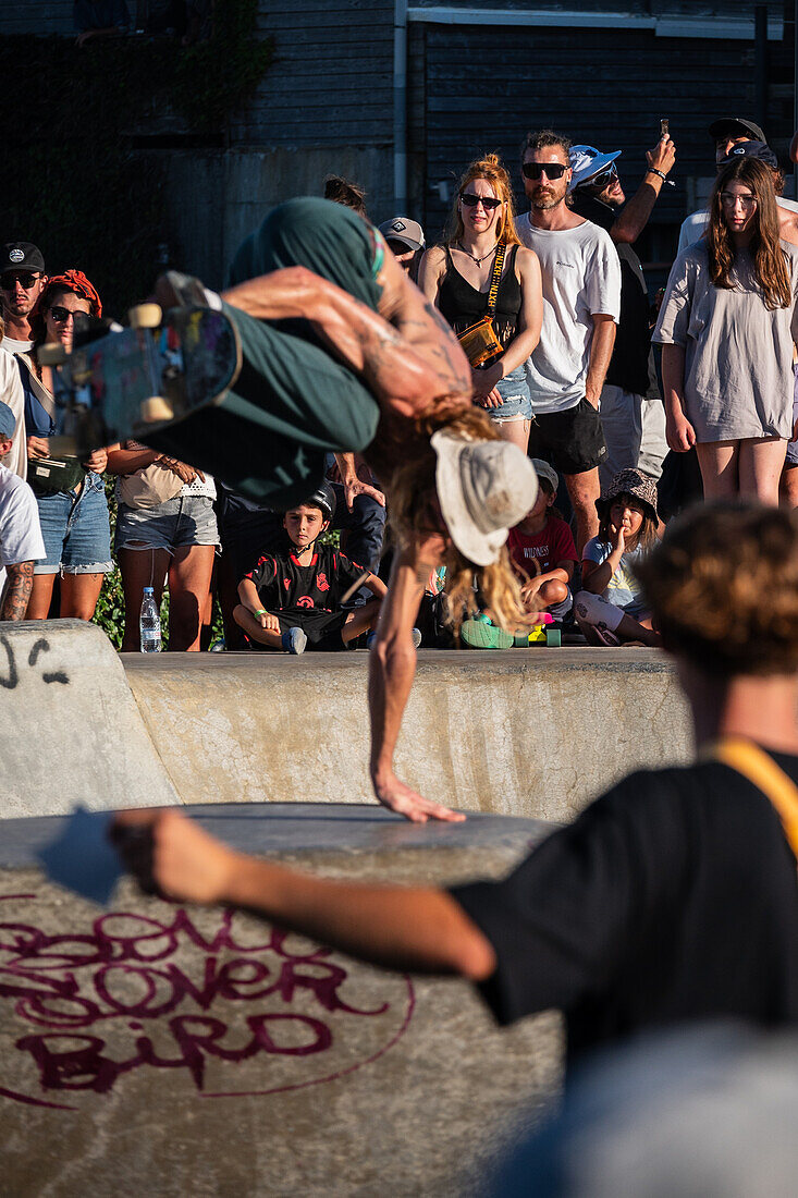 Skate event at Seignosse le Penon skatepark during Quiksilver Festival celebrated in Capbreton, Hossegor and Seignosse, with 20 of the best surfers in the world hand-picked by Jeremy Flores to compete in south west of France.\n