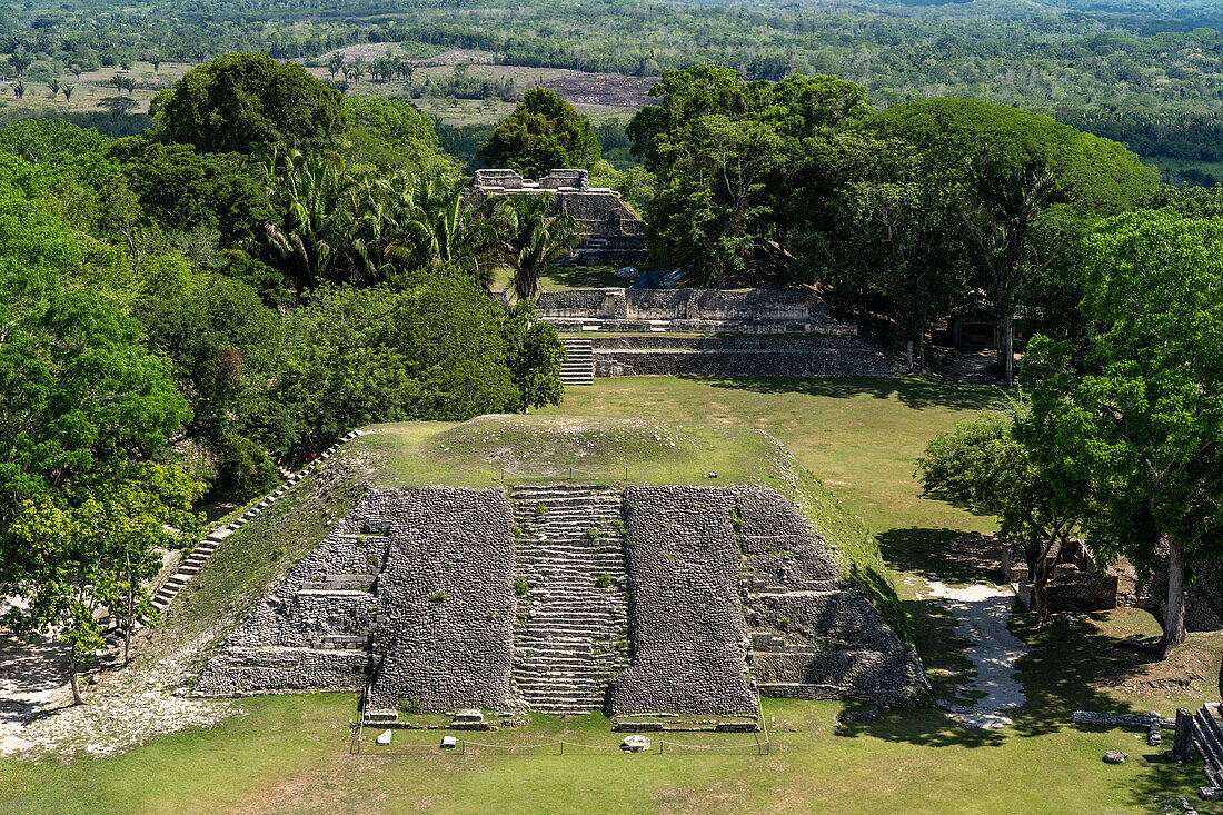 Structure A-1 facing Plaza A-1, with Structures A-13 & A-11 behind in the Xunantunich Archeological Reserve in Belize.\n