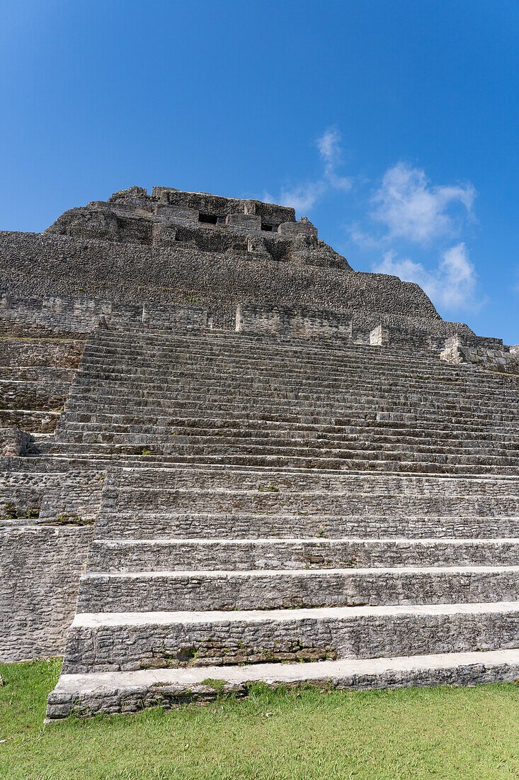 El Castillo, Structure 6, with the stairway of Structure 32 in front in the Xunantunich Archeological Reserve in Belize.\n