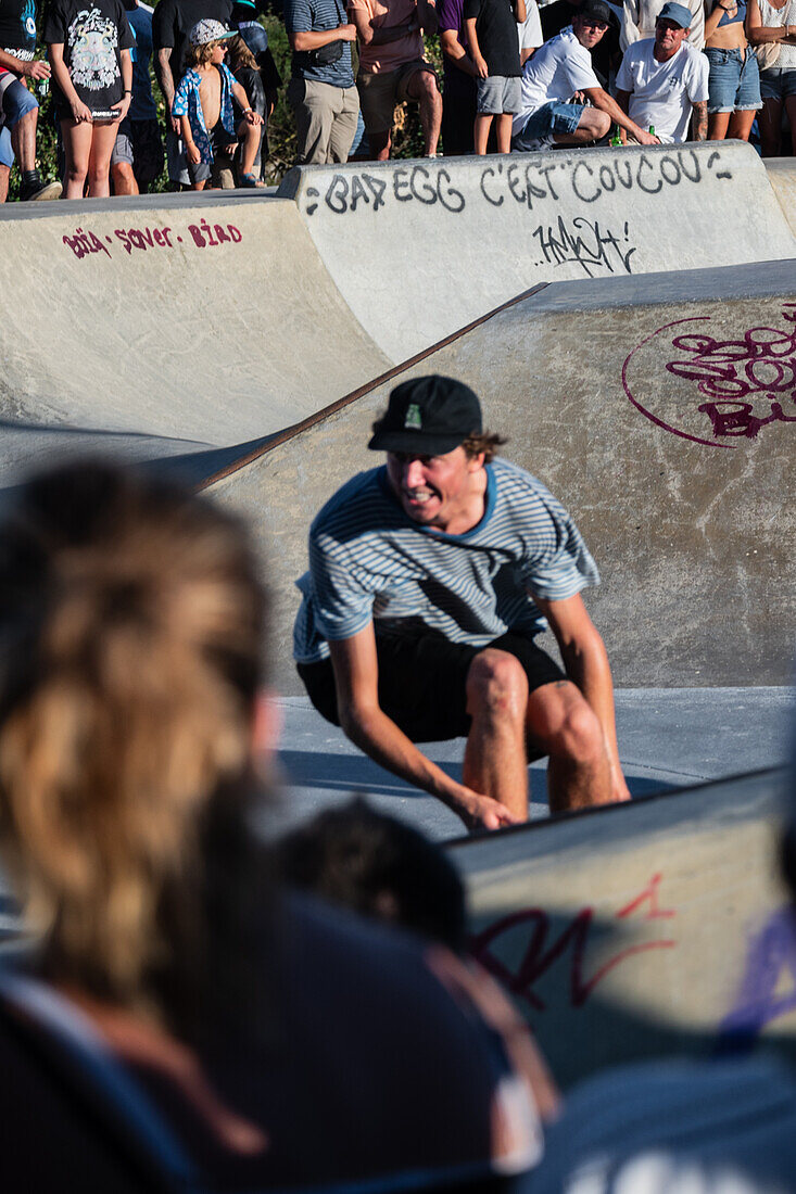 Skate event at Seignosse le Penon skatepark during Quiksilver Festival celebrated in Capbreton, Hossegor and Seignosse, with 20 of the best surfers in the world hand-picked by Jeremy Flores to compete in south west of France.\n