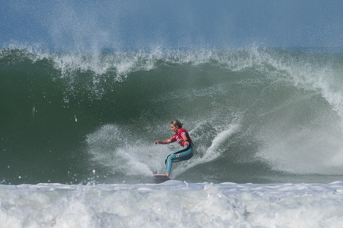 Sierra Kerr, Australian young surfer and daughter of Josh Kerr, performs during Quiksilver Festival celebrated in Capbreton, Hossegor and Seignosse, with 20 of the best surfers in the world hand-picked by Jeremy Flores to compete in south west of France.\n