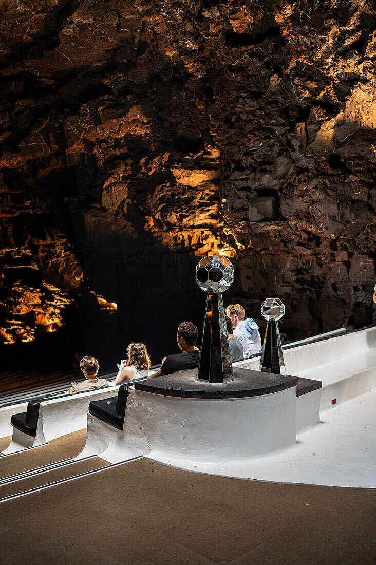 Auditorium at Jameos del Agua, a series of lava caves and an art, culture and tourism center created by local artist and architect, Cesar Manrique, Lanzarote, Canary Islands, Spain\n