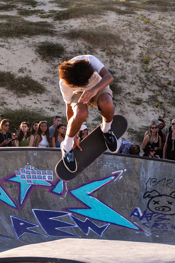 Skate event at Seignosse le Penon skatepark during Quiksilver Festival celebrated in Capbreton, Hossegor and Seignosse, with 20 of the best surfers in the world hand-picked by Jeremy Flores to compete in south west of France.\n