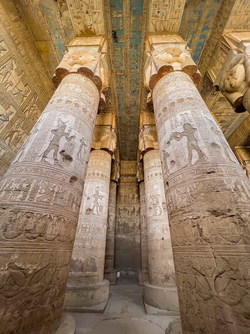 Columns inside the Hypostyle Hall, Temple of Hathor, Dendera Temple complex, Dendera, Egypt, North Africa, Africa\n