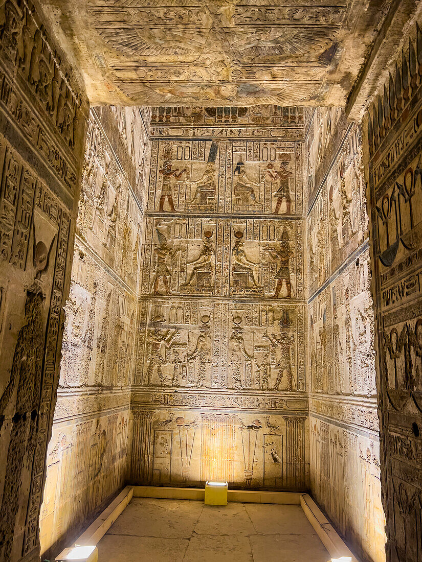 Interior view of the reliefs inside the Temple of Hathor, Dendera Temple complex, Dendera, Egypt, North Africa, Africa\n