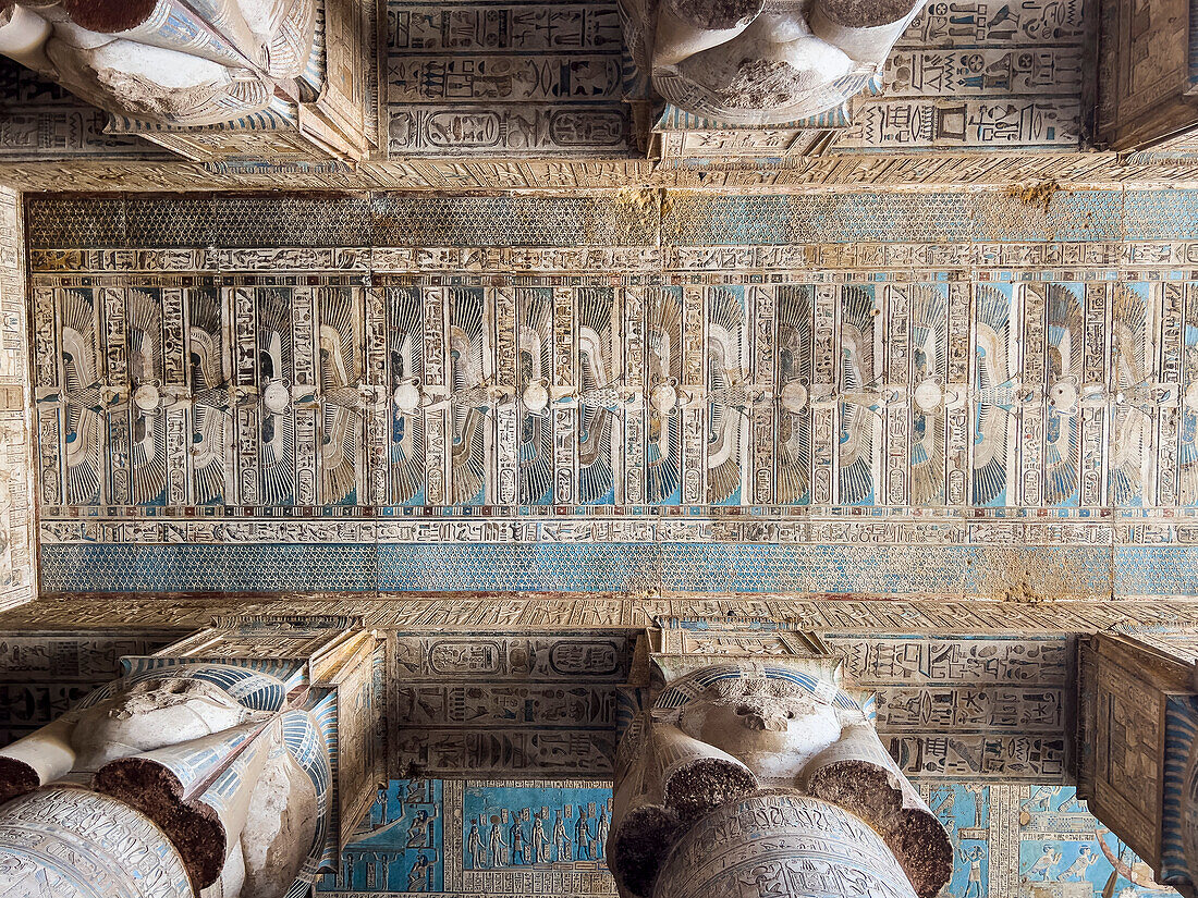 Details of the ceiling inside the Hypostyle Hall, Temple of Hathor, Dendera Temple complex, Dendera, Egypt, North Africa, Africa\n