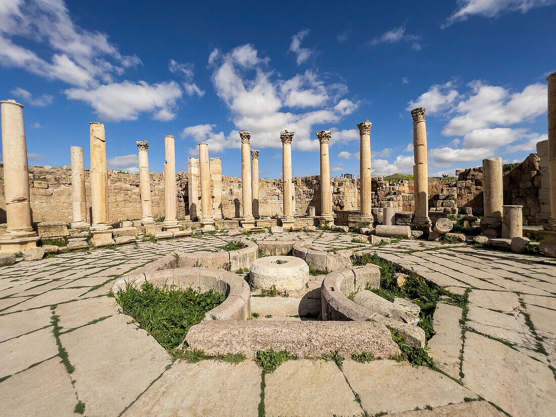 Columns in the ancient city of Jerash, believed to be founded in 331 BC by Alexander the Great, Jerash, Jordan, Middle East\n