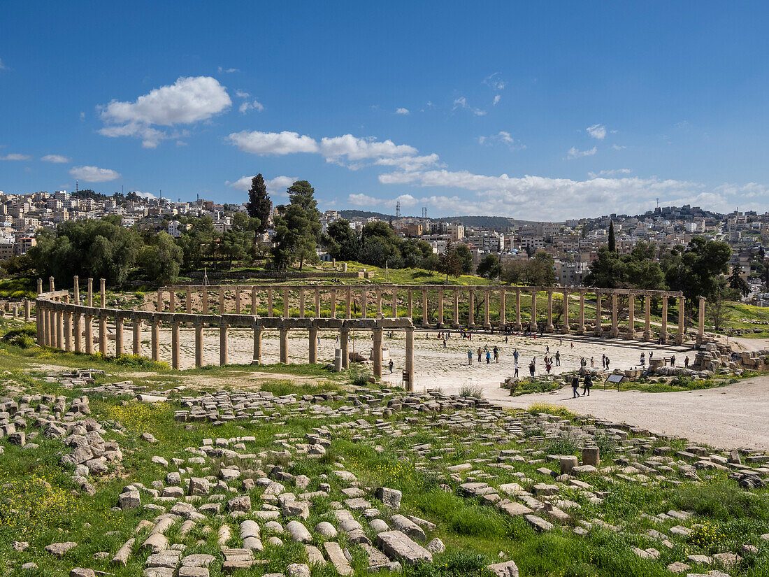 Columns in the Oval Plaza in the ancient city of Jerash, believed to be founded in 331 BC by Alexander the Great, Jerash, Jordan, Middle East\n