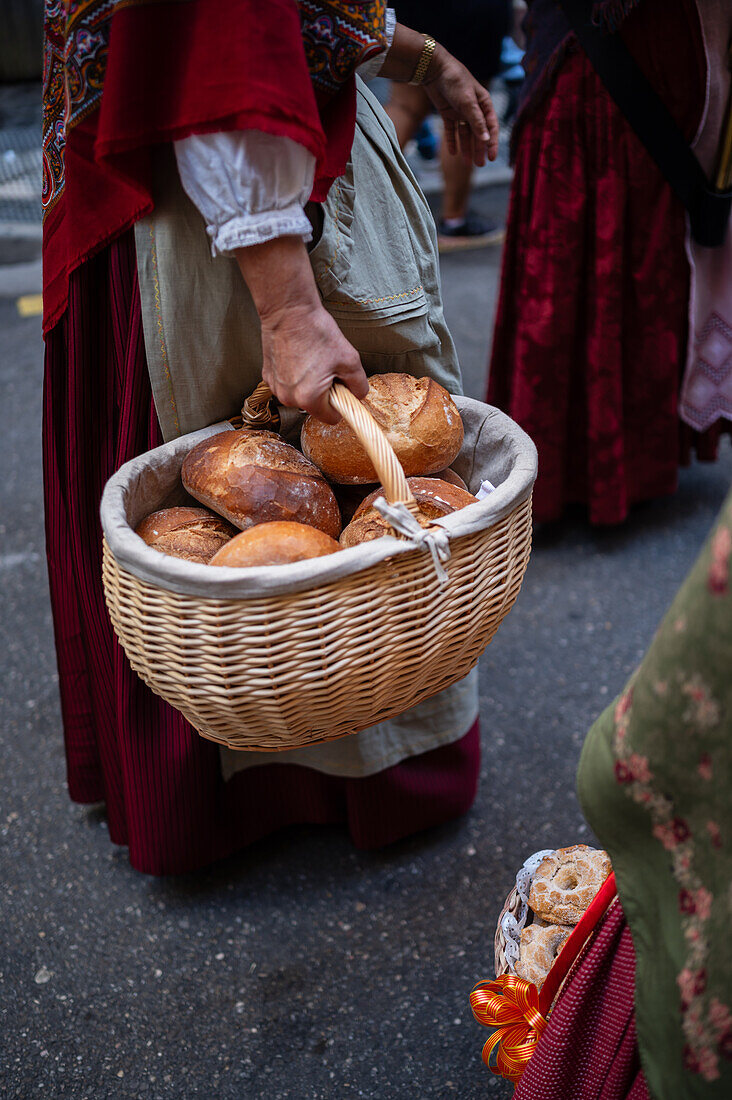 The Offering of Fruits on the morning of 13 October during the Fiestas del Pilar, Zaragoza, Aragon, Spain\n