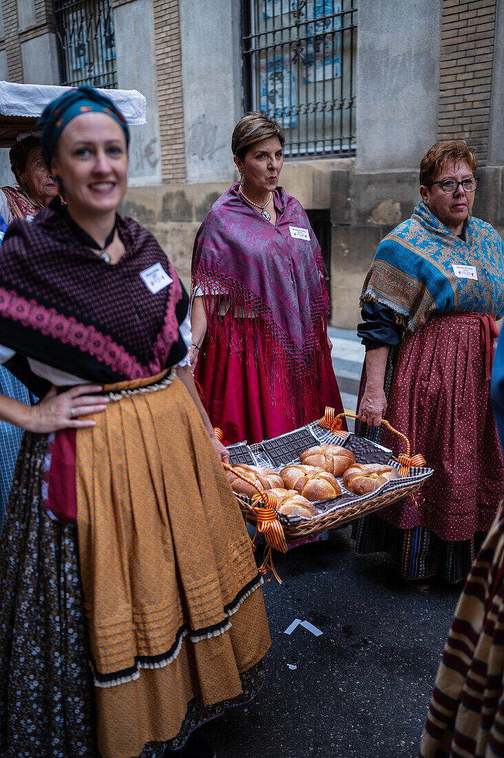 The Offering of Fruits on the morning of 13 October during the Fiestas del Pilar, Zaragoza, Aragon, Spain\n