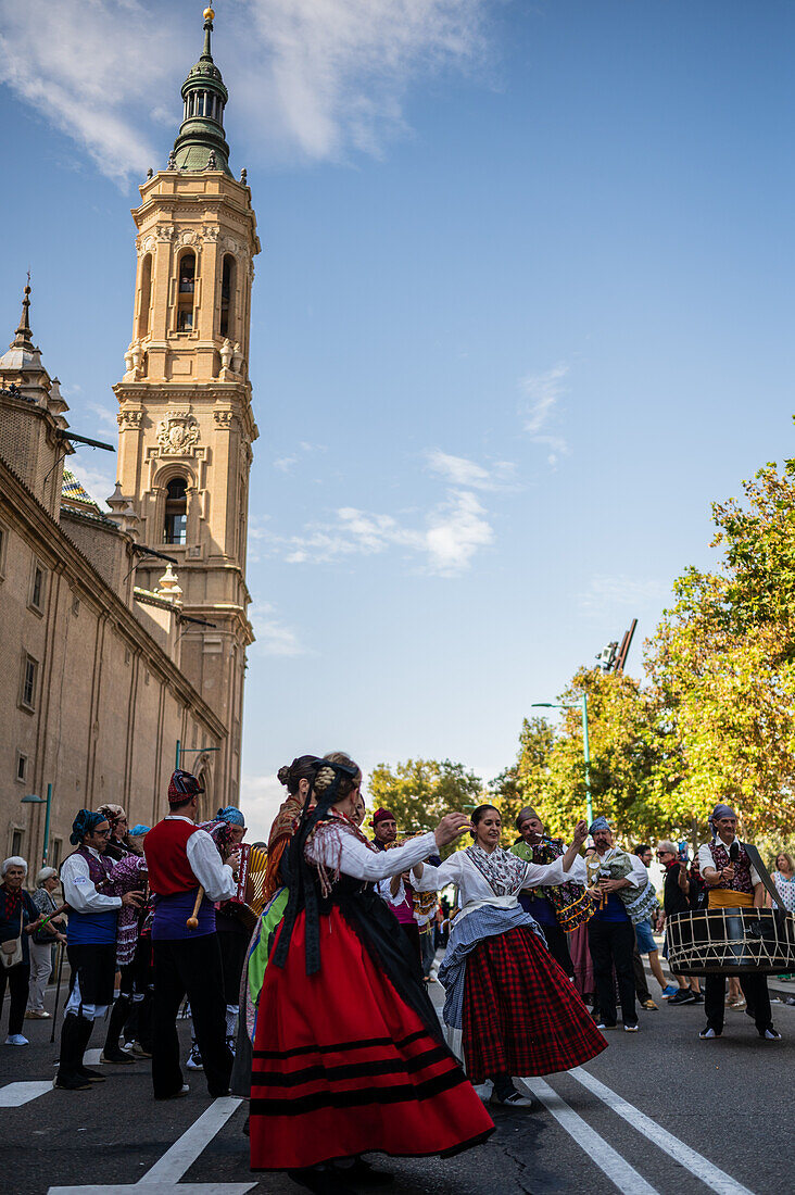 The Offering of Fruits on the morning of 13 October during the Fiestas del Pilar, Zaragoza, Aragon, Spain\n