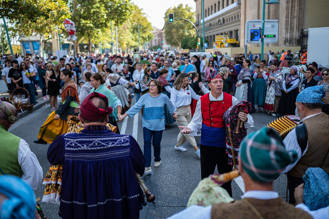 The Offering of Fruits on the morning of 13 October during the Fiestas del Pilar, Zaragoza, Aragon, Spain\n