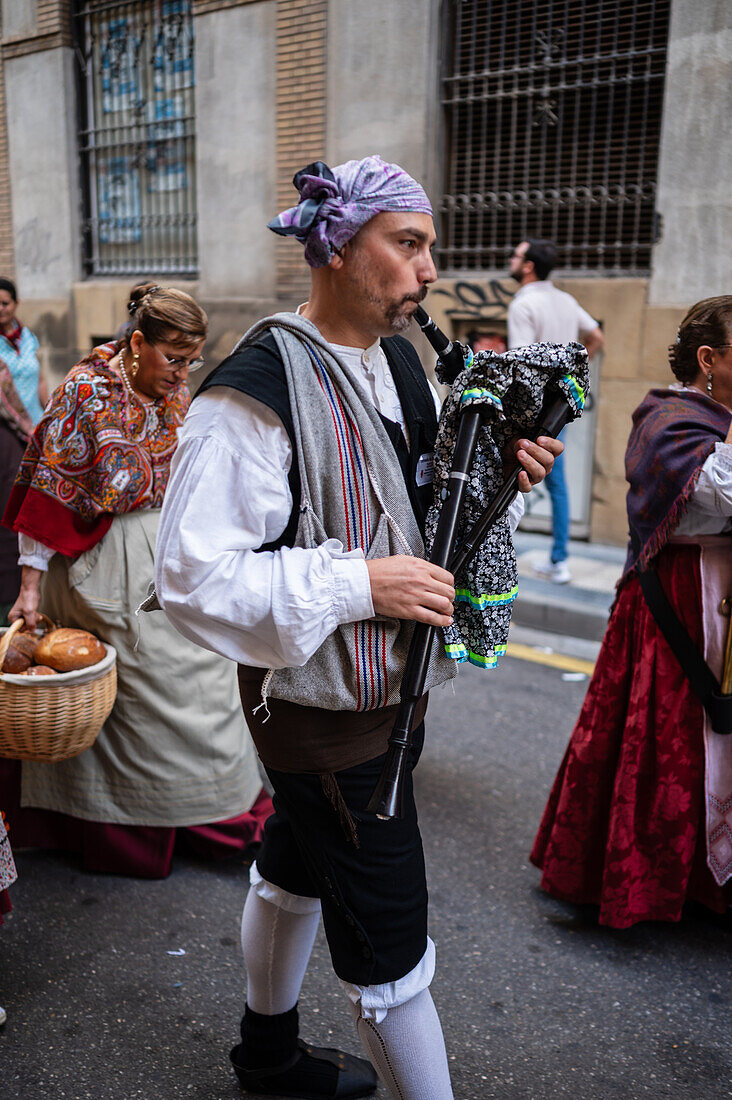 The Offering of Fruits on the morning of 13 October during the Fiestas del Pilar, Zaragoza, Aragon, Spain\n