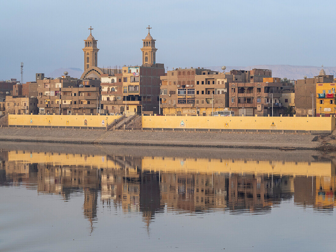 A view of the shoreline along the upper Nile River, Dendera, Egypt, North Africa, Africa\n