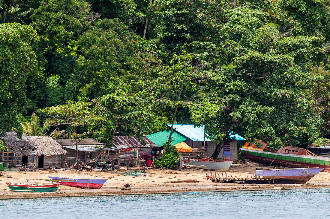 View of a local fishing village on Bangka Island, off the northeastern tip of Sulawesi, Indonesia, Southeast Asia, Asia\n