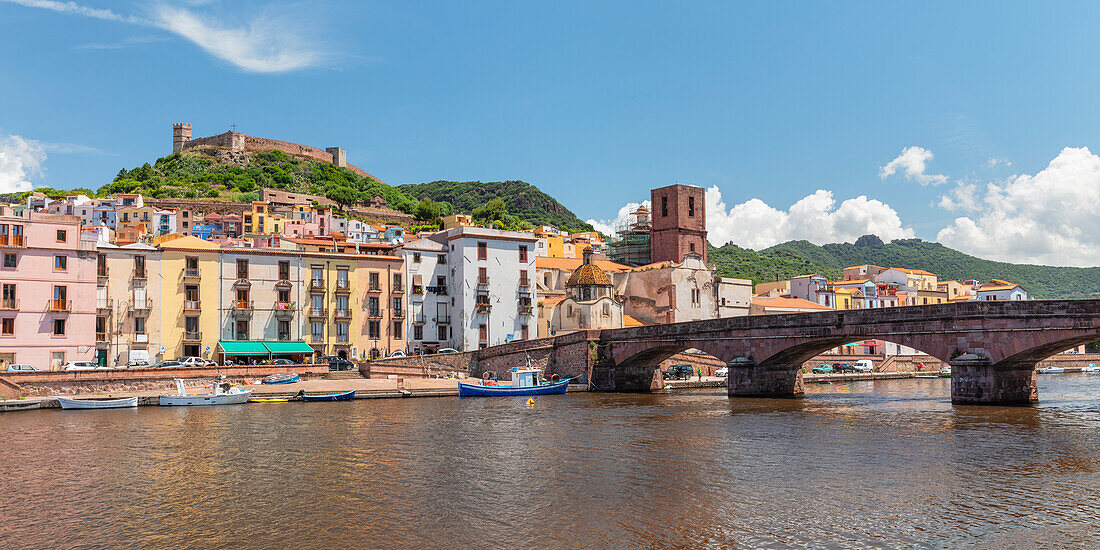 View over Temo River on Bosa and Malaspina castle, Oristano district, Sardinia, Italy, Mediterranean, Europe\n