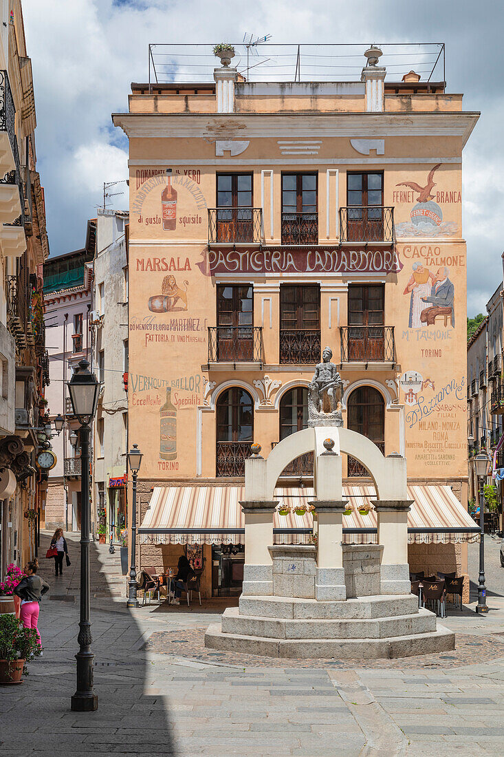 Pasticceria Lamarmora and Fontana Maimoni fountain, Iglesias, Sardinia, Italy, Mediterranean, Europe\n