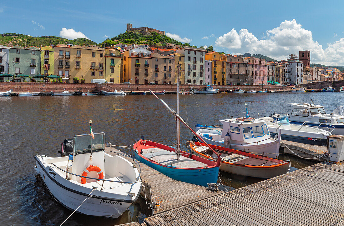 View over Temo River of Bosa and Malaspina castle, Oristano district, Sardinia, Italy, Mediterranean, Europe\n