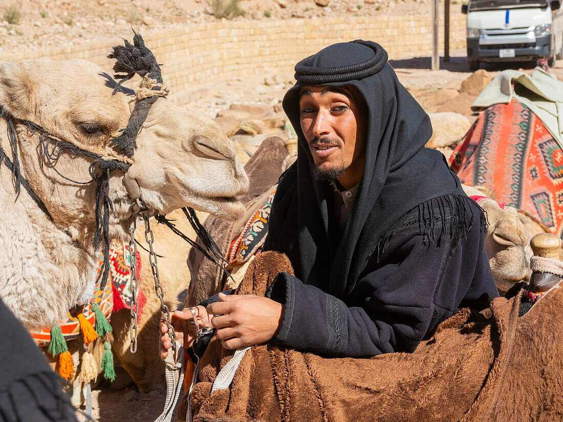 Kamel und Reiter, Archäologischer Park von Petra, UNESCO-Welterbe, eines der sieben neuen Weltwunder, Petra, Jordanien, Naher Osten